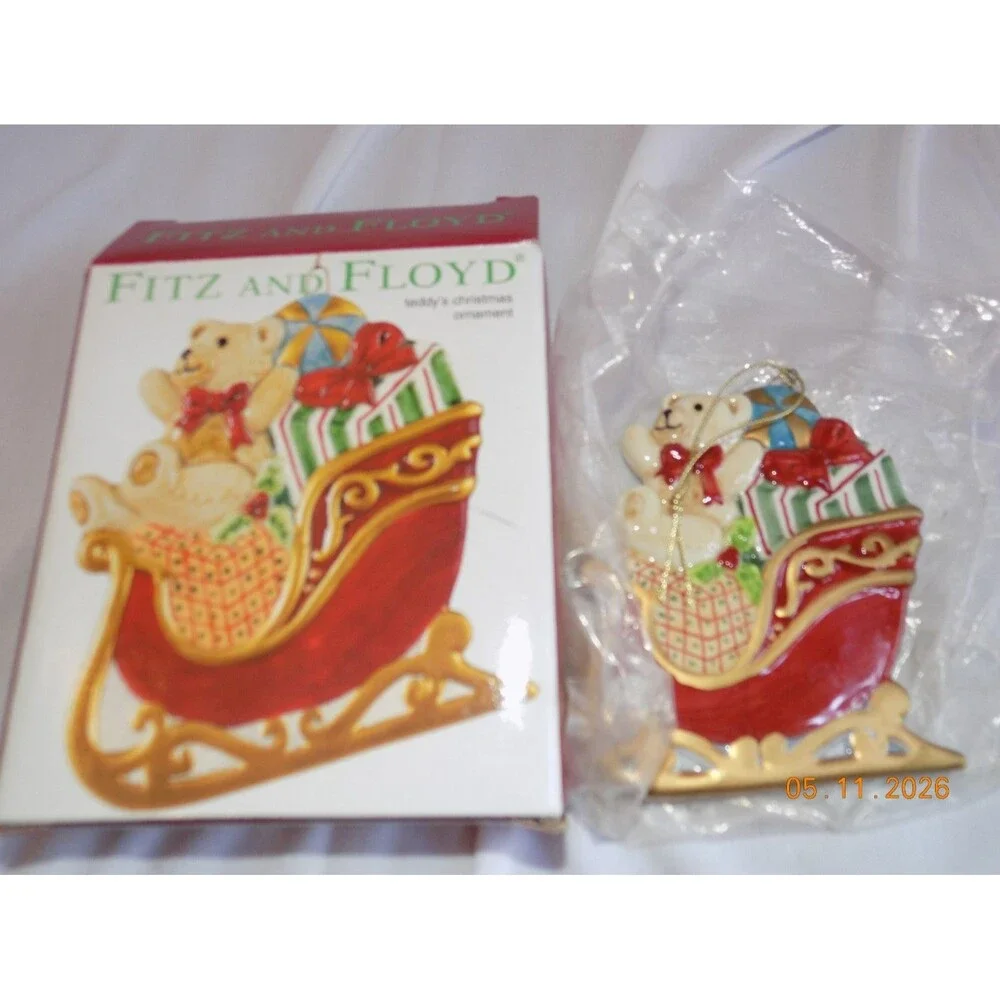 TEDDY'S CHRISTMAS Vintage Fitz And Floyd Christmas Ornament Bear Sleigh 2003